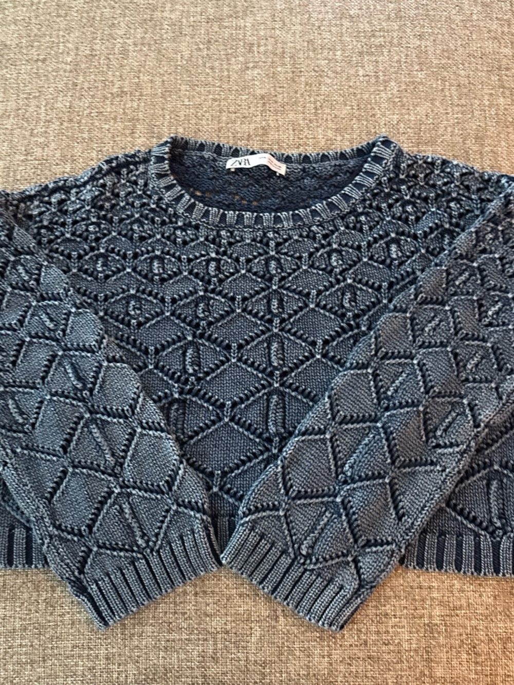 ZARA Blue Open Knit Cropped Sweater Diamond Crochet Boxy Pullover